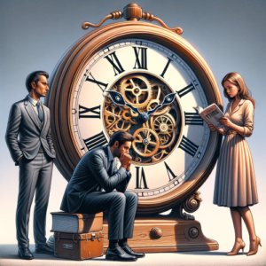 Homme et femme apprenant la gestion du temps grâce à un livre, tandis que d'autres sont stressés par le temps qui passe.