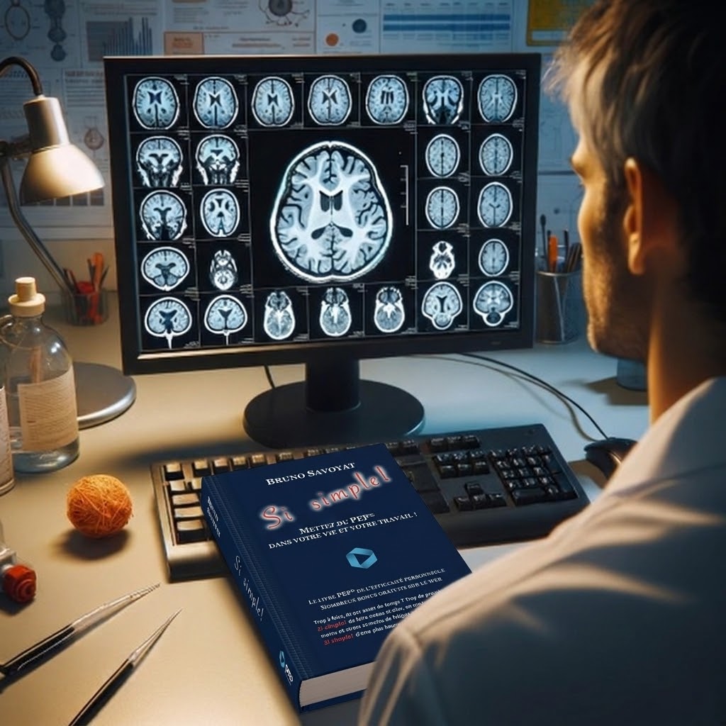 Un scientifique travaillant sur les neuro-sciences avec le livre Si simple de Bruno Savoyat PEP worldwide