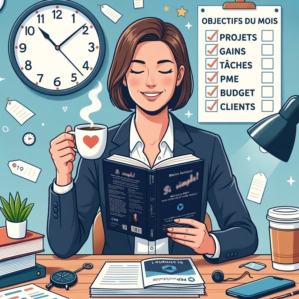 Une femme professionnelle efficace prend sa pause café en lisant le livre PEP "Si simple !" de Bruno Savoyat devant son dossier PEPworldwide.